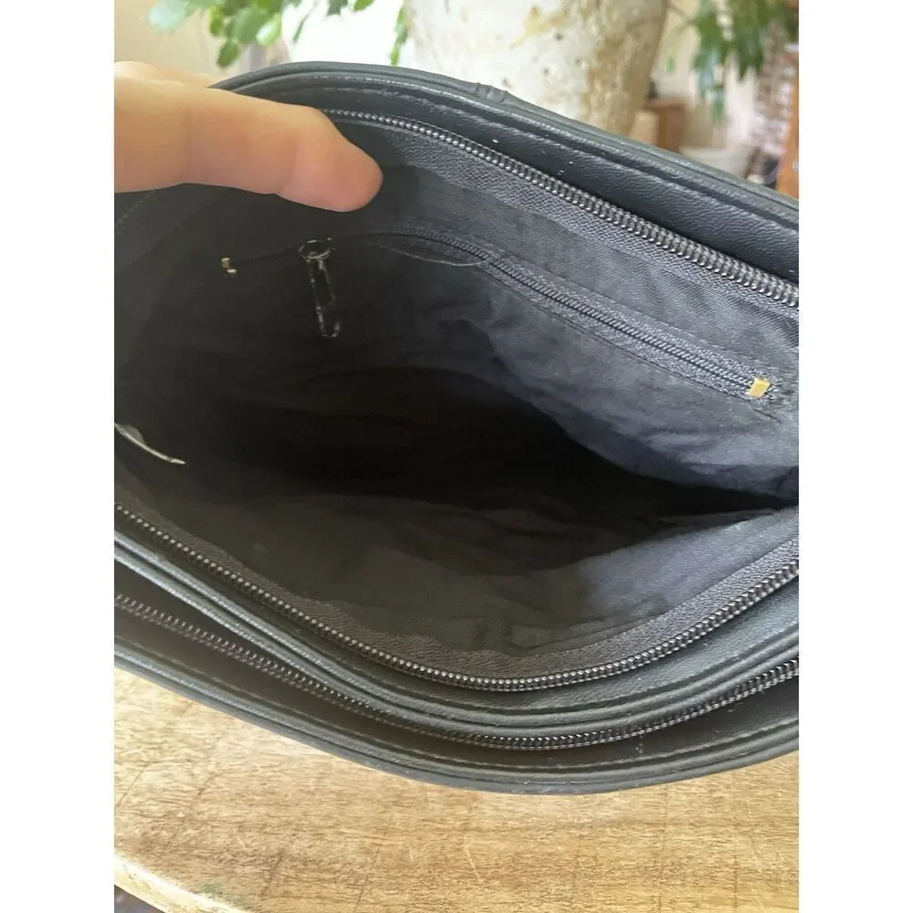 Vintage Black Genuine Leather Chevron Foldover Clutch Bag 13.5” Made in China